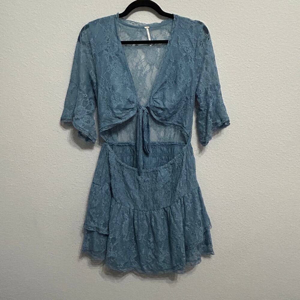 NEW Free People Lala Lace Mini Dress Baby Denim Blue Boho Romantic Femme Medium - Picture 4 of 9